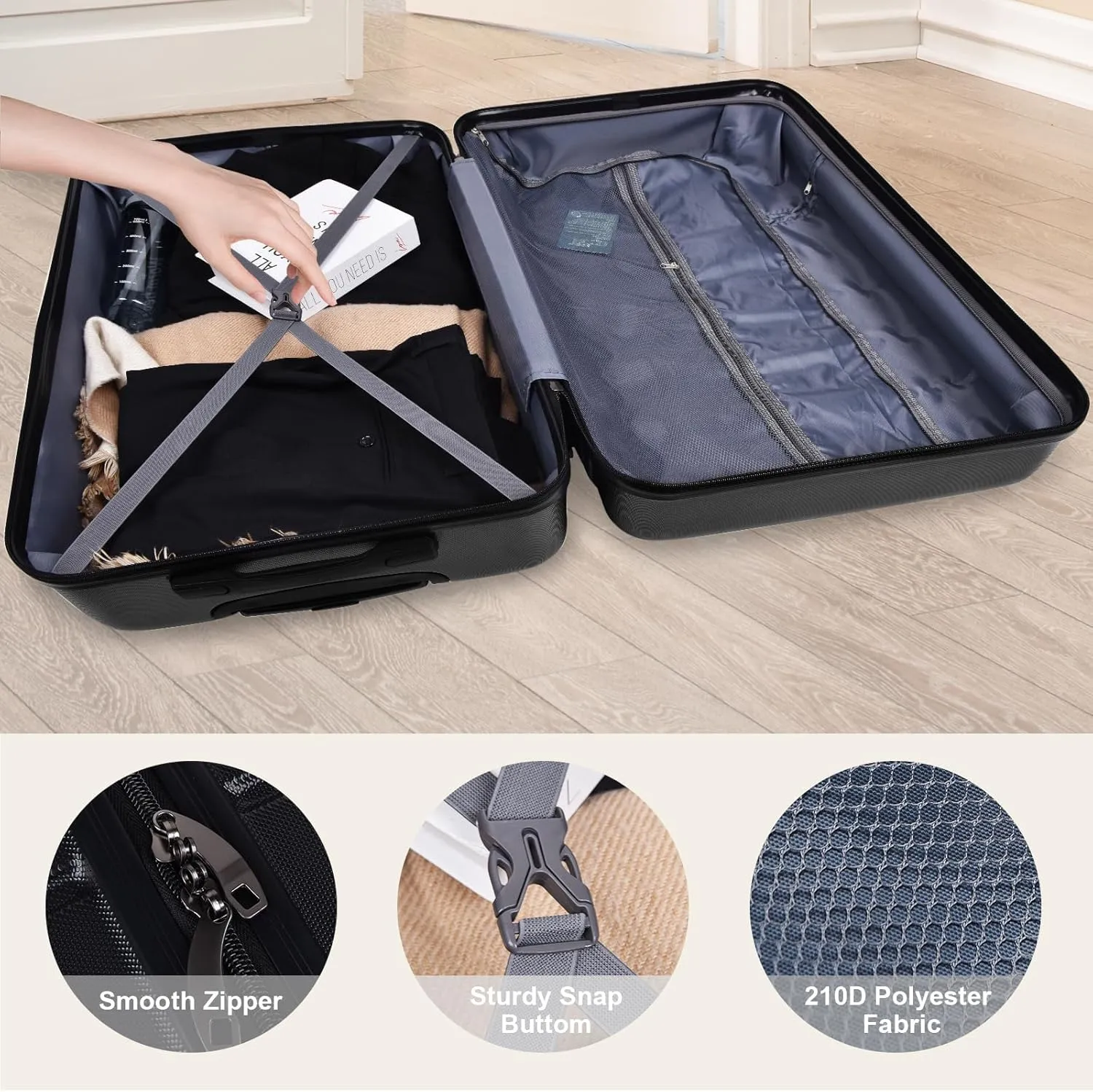 HOUAGI 24" Checked Medium Luggage,Hard Shell Suitcase with Spinner Wheels,Lightweight Travel Luggage Suitcases with TSA Lock for Women Men,Black
