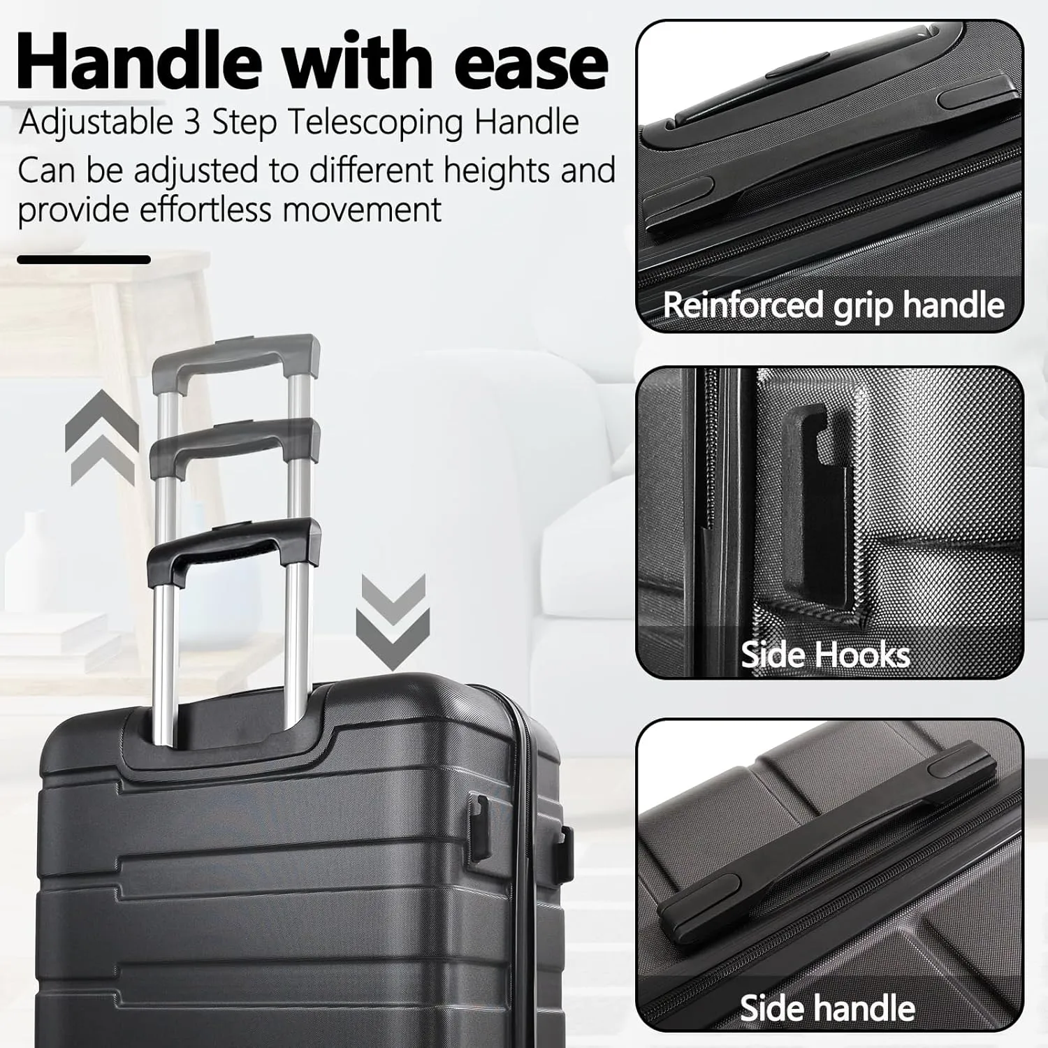 HOUAGI 24" Checked Medium Luggage,Hard Shell Suitcase with Spinner Wheels,Lightweight Travel Luggage Suitcases with TSA Lock for Women Men,Black