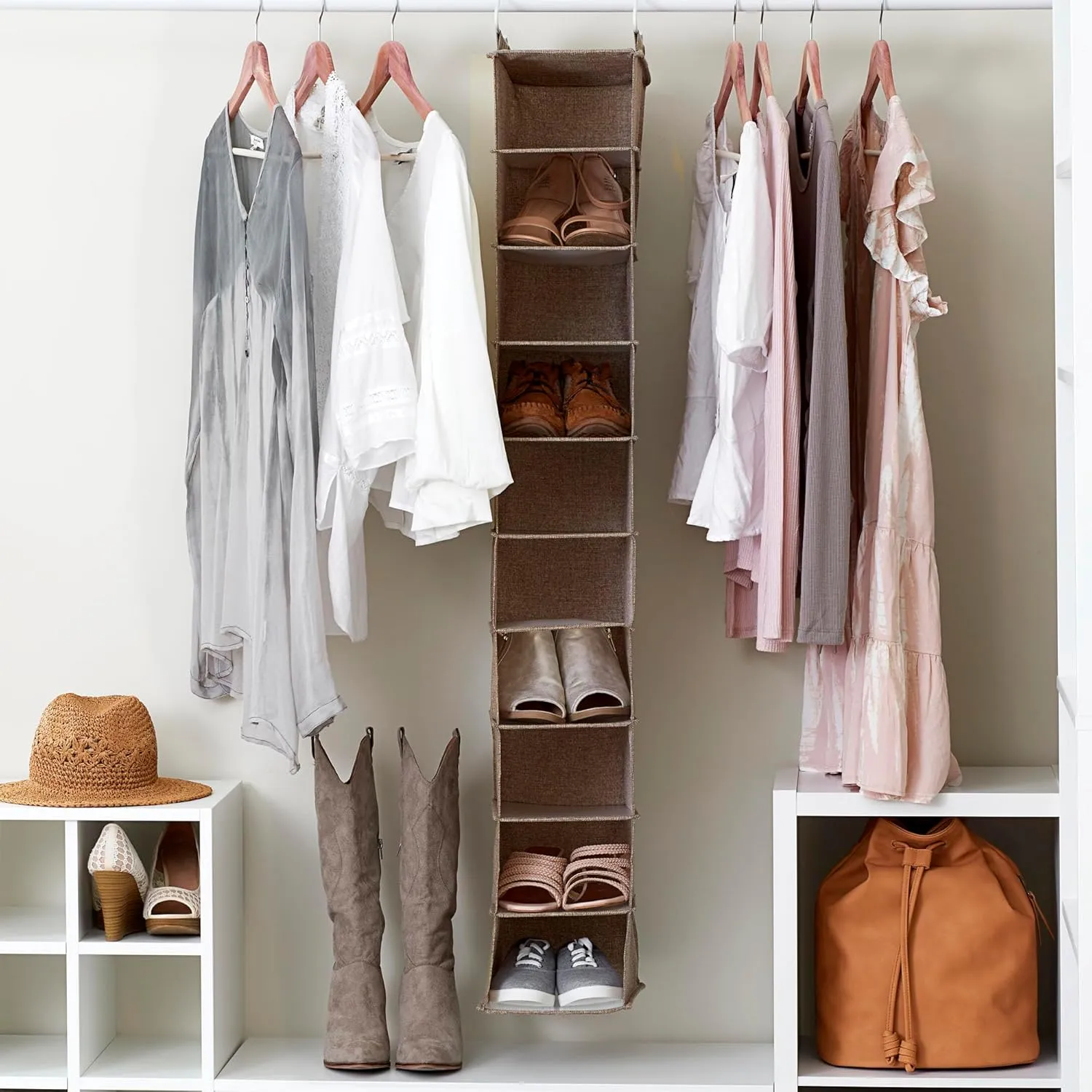 Household Essentials 10 Closet Organizer with Hooks Hanging Shelf, Latte