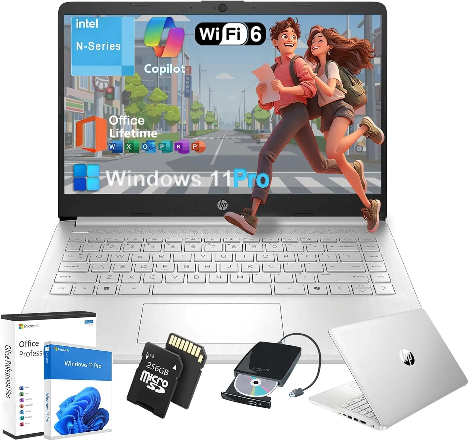 HP 2025 Business Laptop Computer - w/Microsoft Office Lifetime & External DVD Drive • 16GB RAM • 128GB UFS & 256GB Extend Micro SD • Intel 4-Core Processor • HD Display • Win11 Pro(Silver)