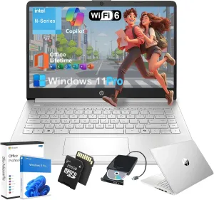 HP 2025 Business Laptop Computer - w/Microsoft Office Lifetime & External DVD Drive • 16GB RAM • 128GB UFS & 256GB Extend Micro SD • Intel 4-Core Processor • HD Display • Win11 Pro(Silver)
