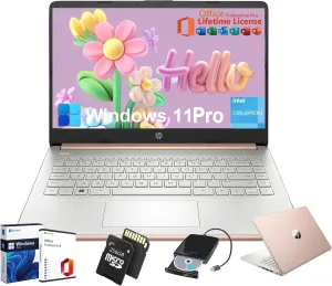 HP Laptop for Student Business - w/Microsoft Office Lifetime & Free CD/DVD Drive • 16GB RAM • 128GB eMMC & 256GB Extend Micro SD • Intel 4-Core Processor • HD Display • Win11 Pro(Rose Gold)