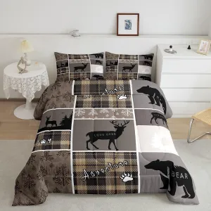 Hunting Bear Comforter Set For Boys, Rustic Cabin Lodge Bedding Twin Size, Vintage Farmhouse Patchwork Duvet Insert Woodland Animal Adventure Camping Down Comforter 2Pcs With 1 Pillow Case, Brown