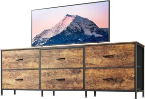 Huuger 6 Drawer Dresser for Bedroom, 63 Inch TV Stand for 55, 65, 70 Inch TV, Long Dresser for Closet with Fabric Drawers, Storage Organizer for Bedroom, Retro Brown