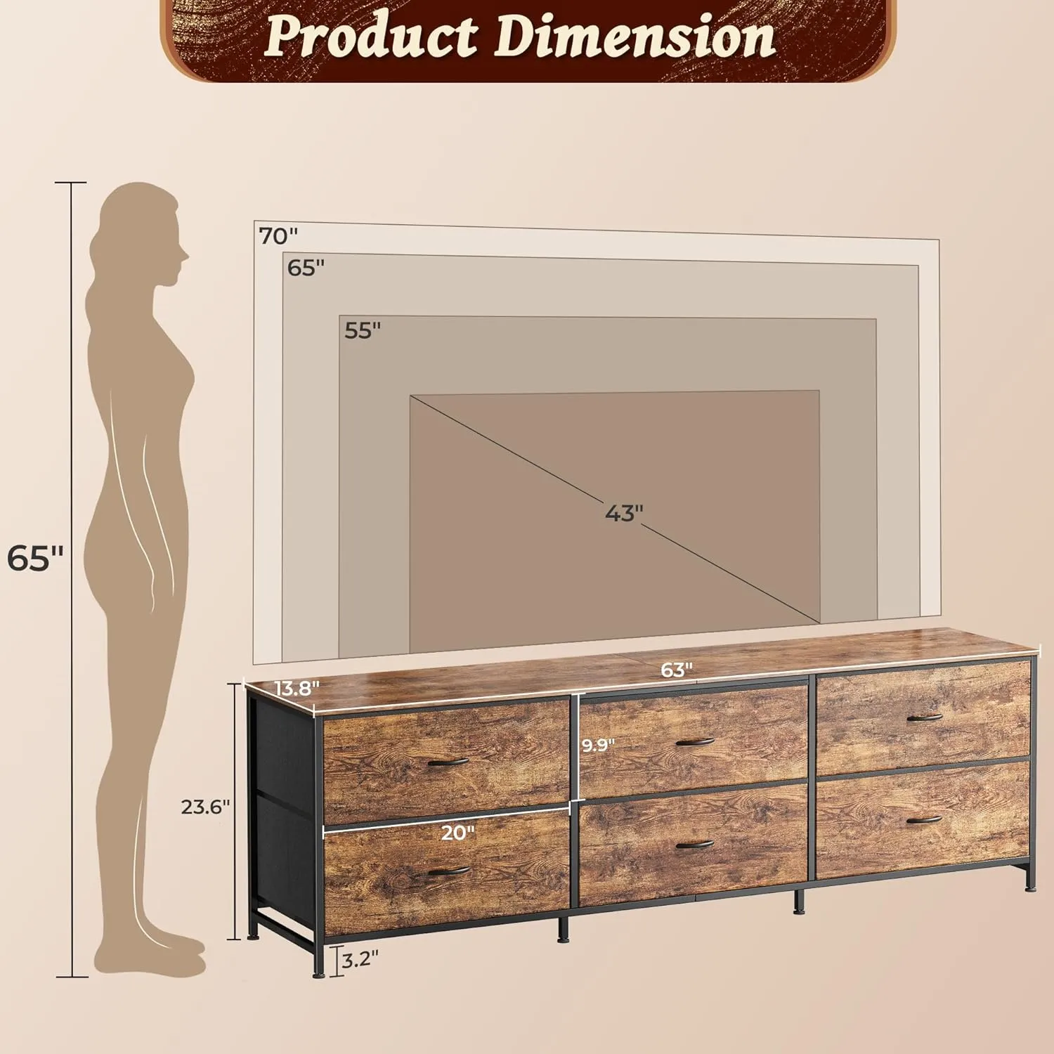 Huuger 6 Drawer Dresser for Bedroom, 63 Inch TV Stand for 55, 65, 70 Inch TV, Long Dresser for Closet with Fabric Drawers, Storage Organizer for Bedroom, Retro Brown