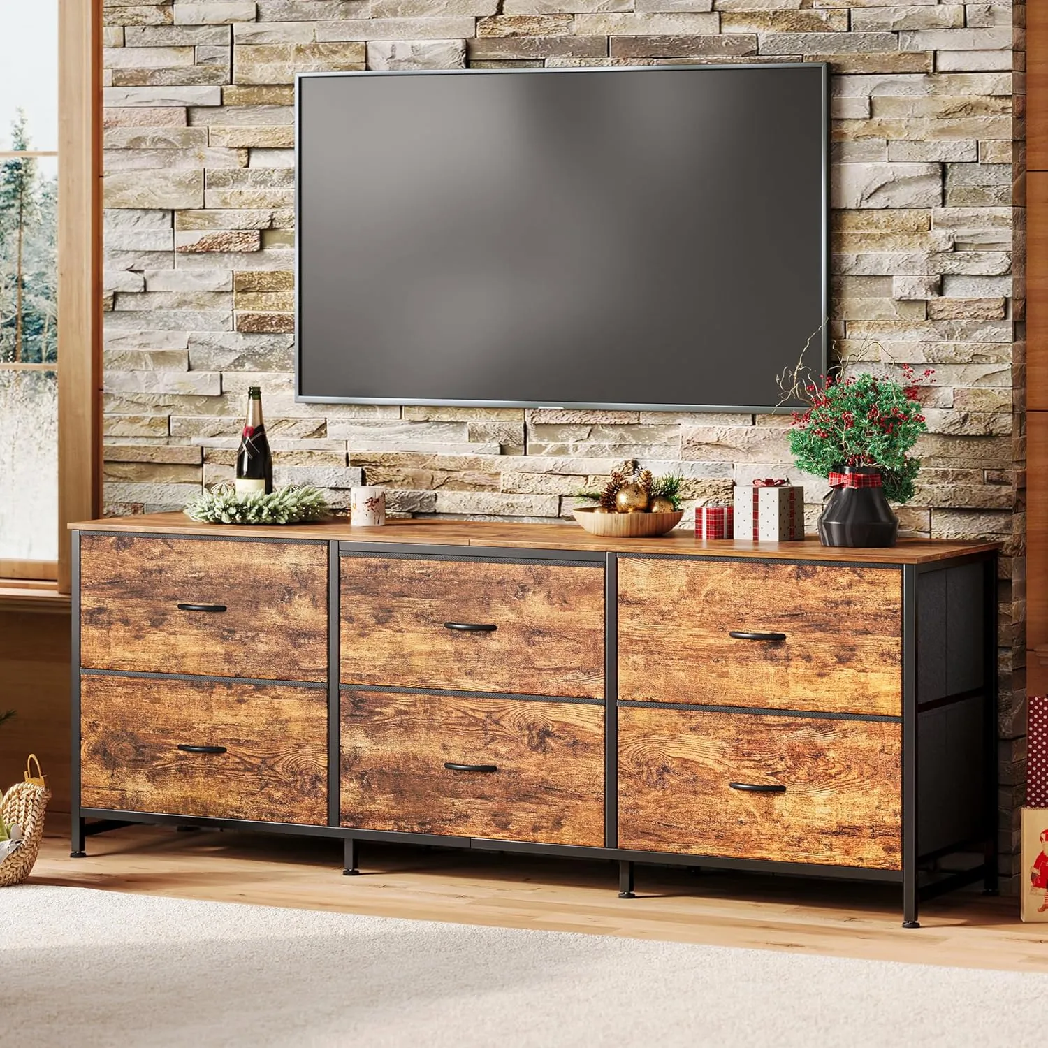 Huuger 6 Drawer Dresser for Bedroom, 63 Inch TV Stand for 55, 65, 70 Inch TV, Long Dresser for Closet with Fabric Drawers, Storage Organizer for Bedroom, Retro Brown