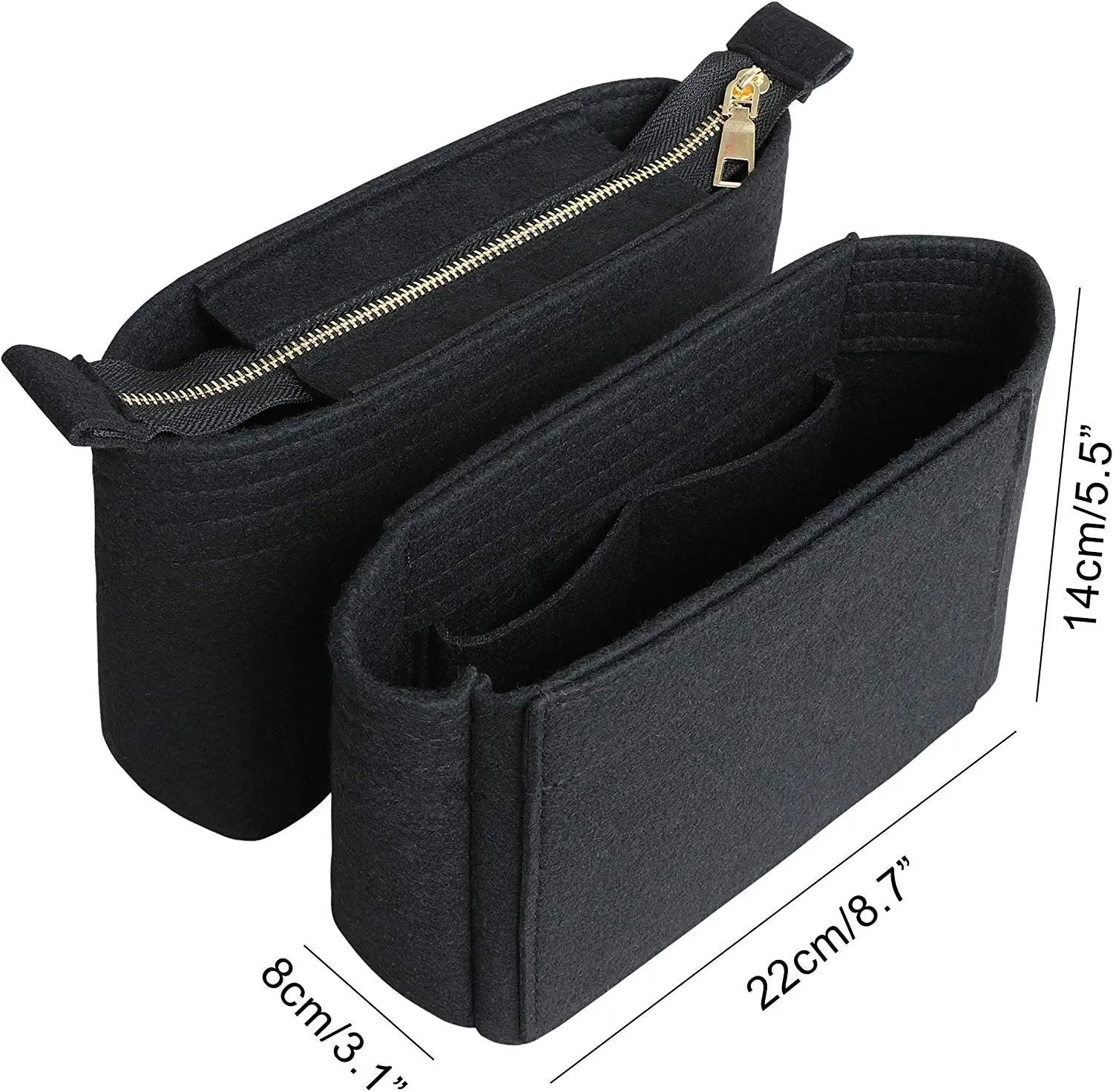 HyFanStr Felt Insert Bag Organizer with Zipper, Small Handbag Purse Organizer Tote Liner Pouch for Women, 2 Piece Set …