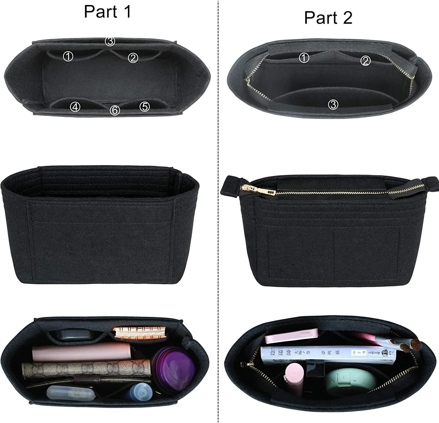 HyFanStr Felt Insert Bag Organizer with Zipper, Small Handbag Purse Organizer Tote Liner Pouch for Women, 2 Piece Set …
