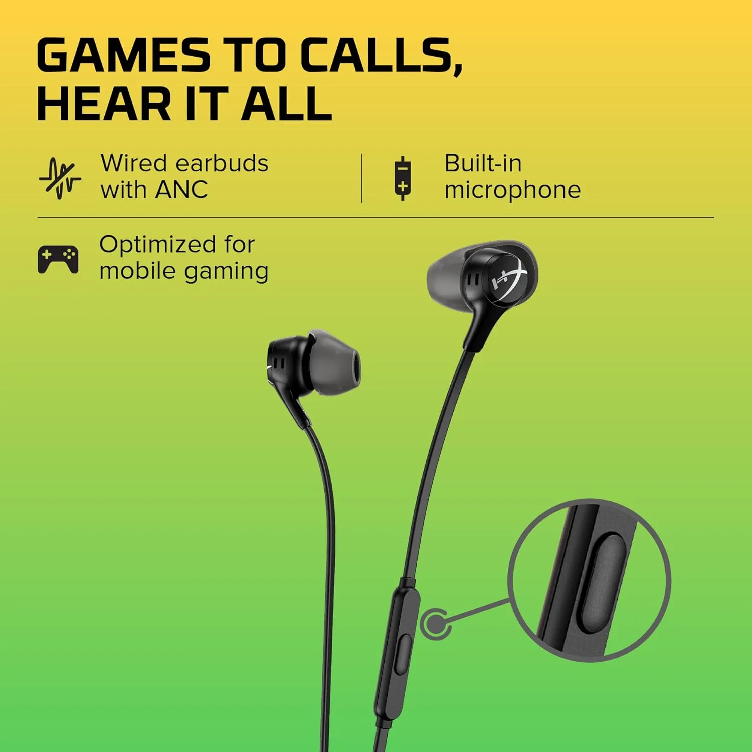 HyperX Cloud Earbuds II – 14mm Drivers, Four Eartips, Hard-Shell Carrying Case, Low-Profile 90° Plug, 3.5mm Plug, Built-in Microphone, Multi-Function Button, PC, Mobile, Nintendo Switch – Black