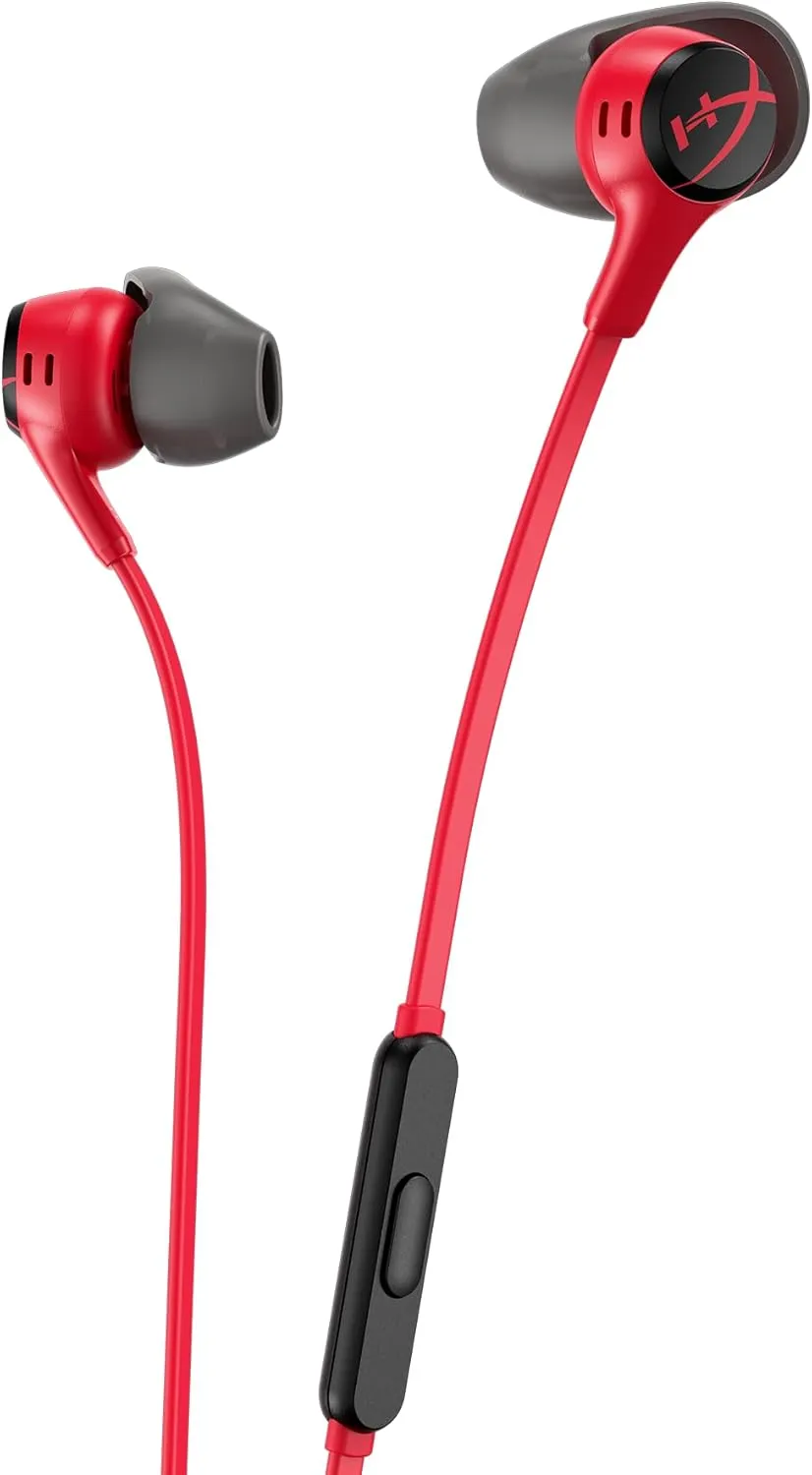 HyperX Cloud Earbuds II – 14mm Drivers, Four Eartips, Hard-Shell Carrying Case, Low-Profile 90° Plug, 3.5mm Plug, Built-in Microphone, Multi-Function Button, PC, Mobile, Nintendo Switch – Red