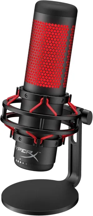 HyperX QuadCast USB Condenser Gaming Microphone for PC PS5 PS4 Mac Computer Streaming Recording Podcast Mic Tap to Mute LED Indicator Four Polar Patterns Shock Mount Pop Filter, Red 4P5P6AA (Renewed)