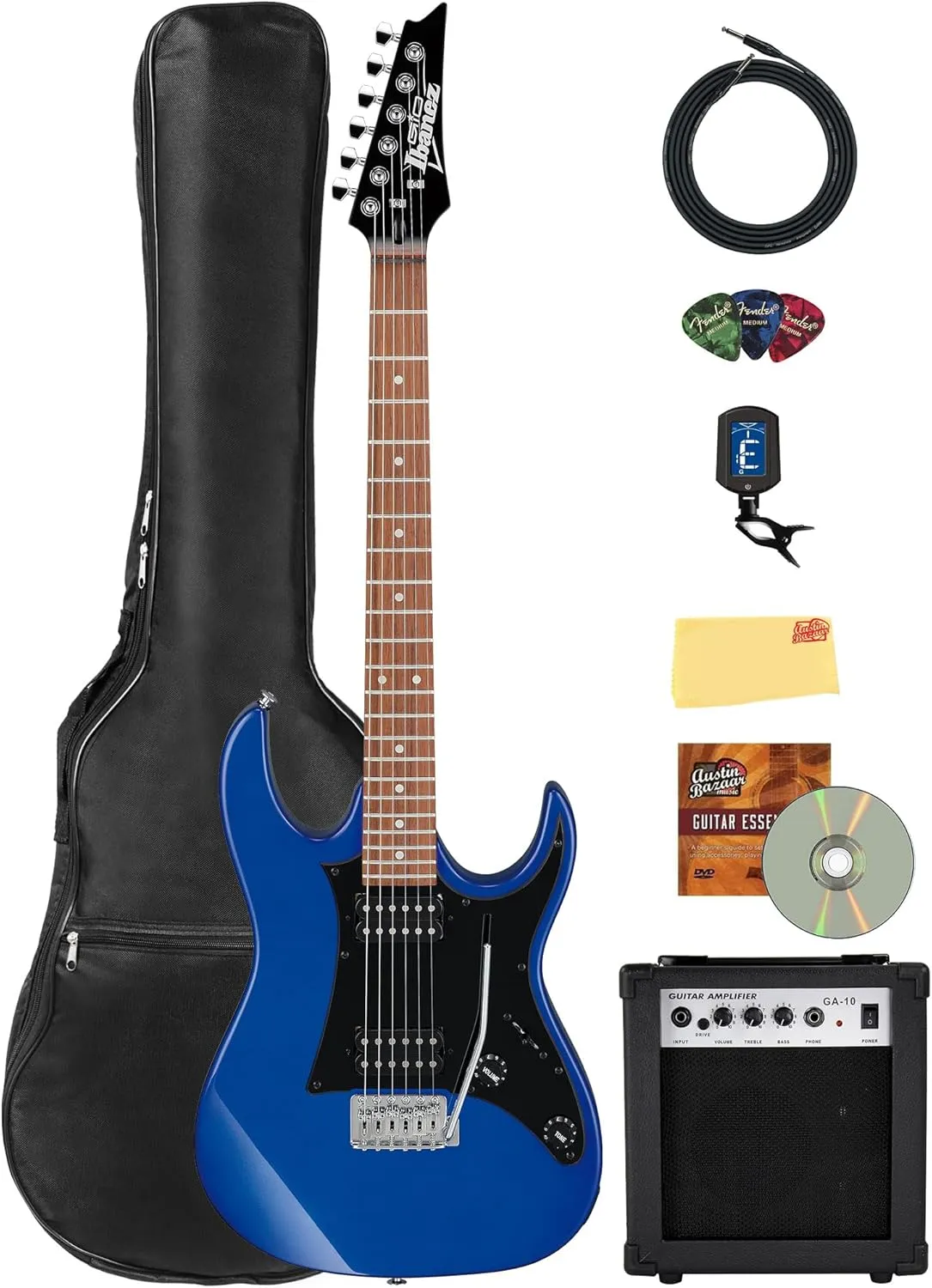 Ibanez GRX20Z RG GIO Electric Guitar - Jewel Blue Bundle with Amplifier, Gig Bag, Tuner, Instrument Cable, Picks, Austin Bazaar Instructional DVD, and Polishing Cloth