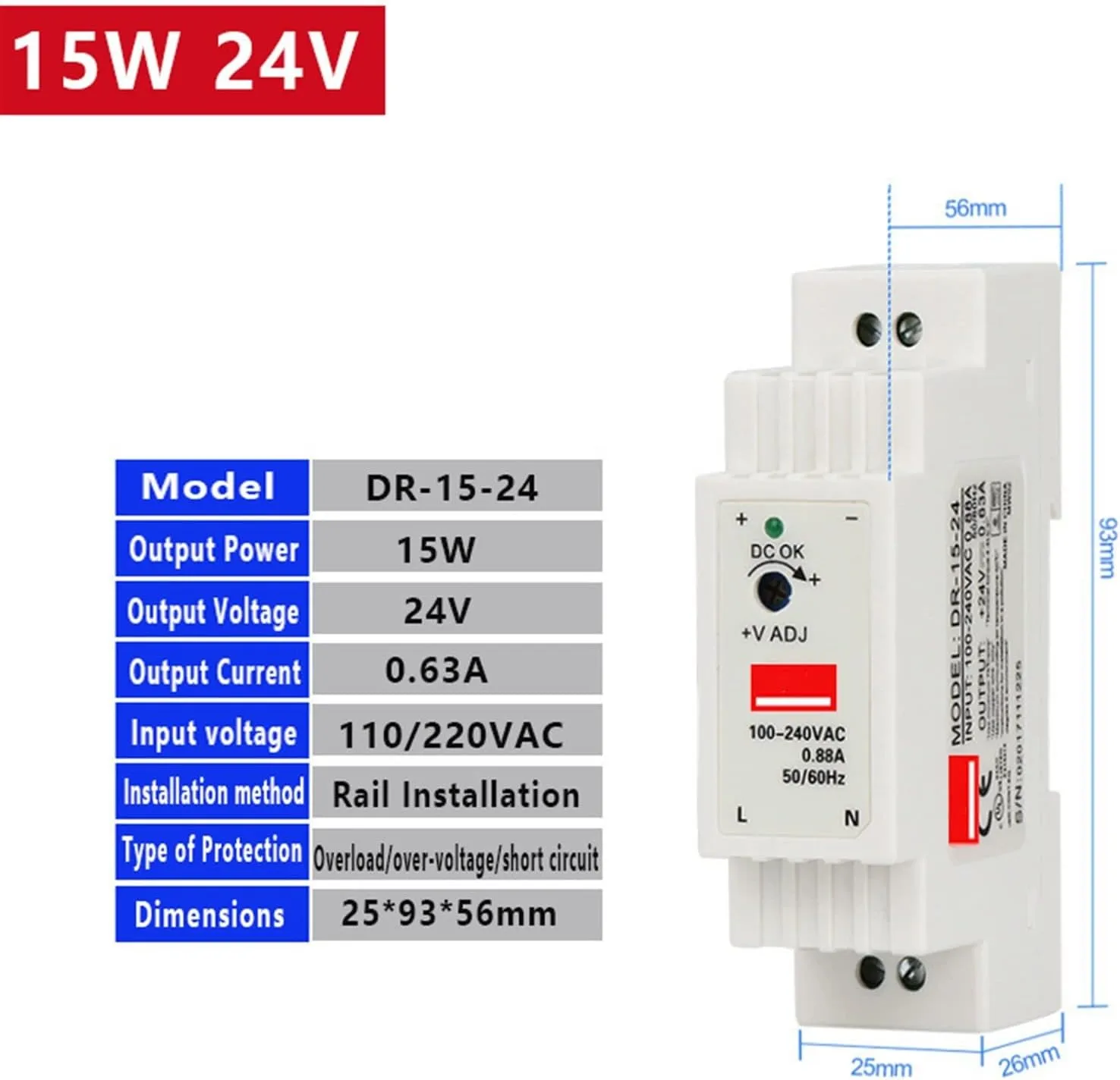 Industrial DIN Rail Switching Power Supply DR-15 15W Single Output 5V 12V 24V AC to DC Converter Power Switch Input 110/240VAC(15W 24V)