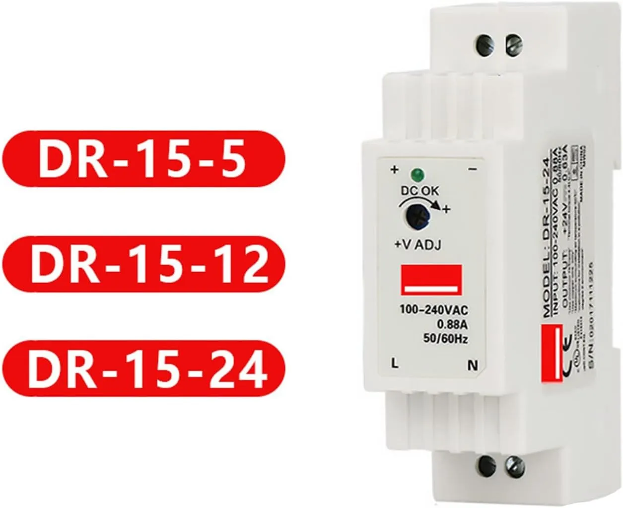 Industrial DIN Rail Switching Power Supply DR-15 15W Single Output 5V 12V 24V AC to DC Converter Power Switch Input 110/240VAC(15W 24V)