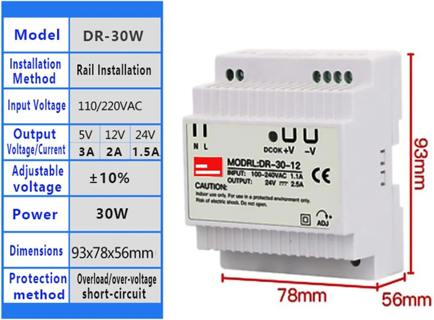 INFRI DIN Rail Switching Power Supply DR-15W 30W 45W 60W Single Output 5V 12V 24V AC DC Converter Power Switch Input 110/240VAC (Size : 24V, Color : 30W)