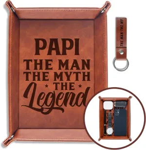 INNObeta Papi Gifts Valet Tray, PU Leather Bedside Tray with Keychain for Papi, Perfect for Father's Day Birthday, Christmas - The Man The Myth The Legend