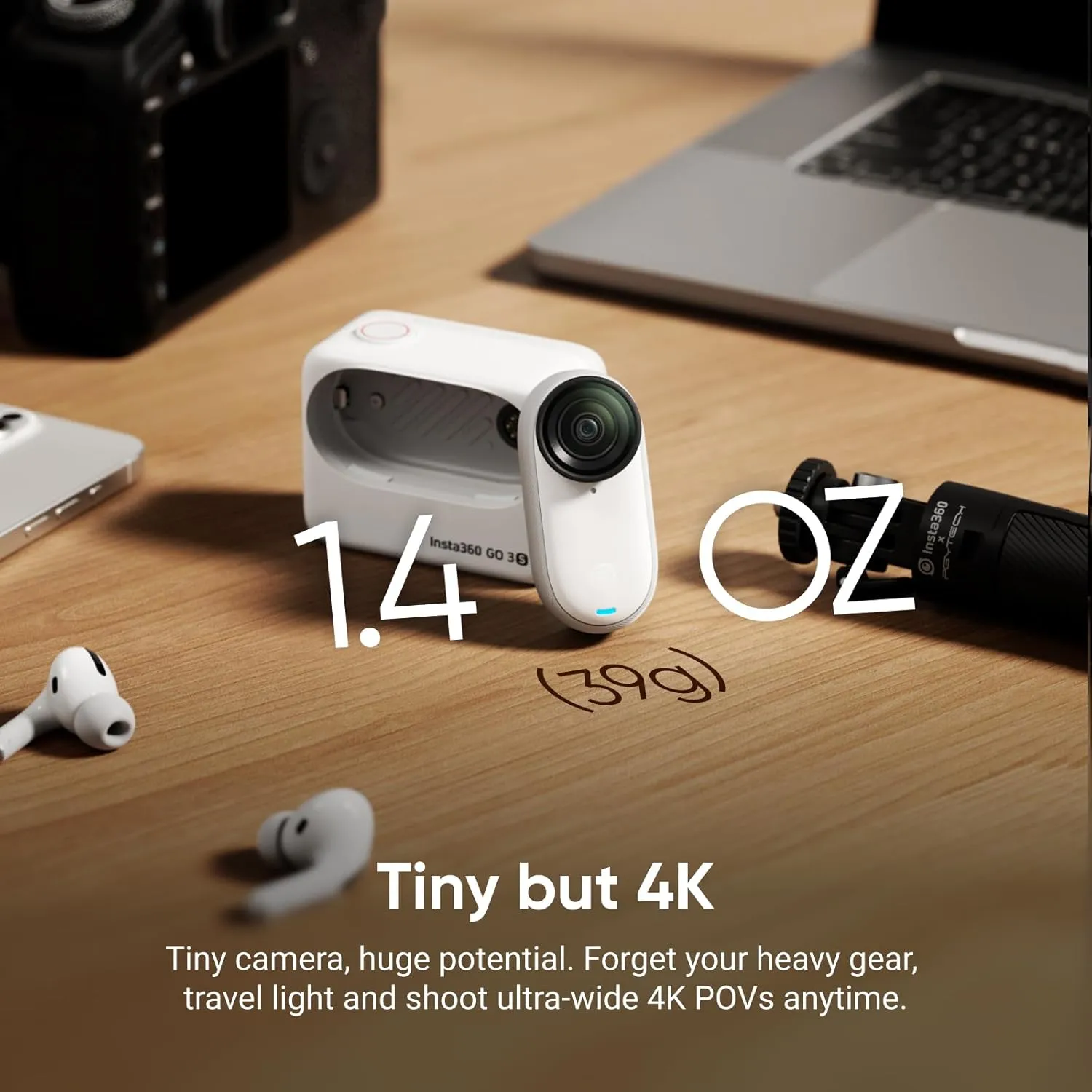 Insta360 GO 3S - 64 GB White 4K Tiny Portable Vlogging Camera, Hands-Free POVs, Mount Anywhere, Stabilization, 140 Min Battery Life, 10m Waterproof, Pet POV