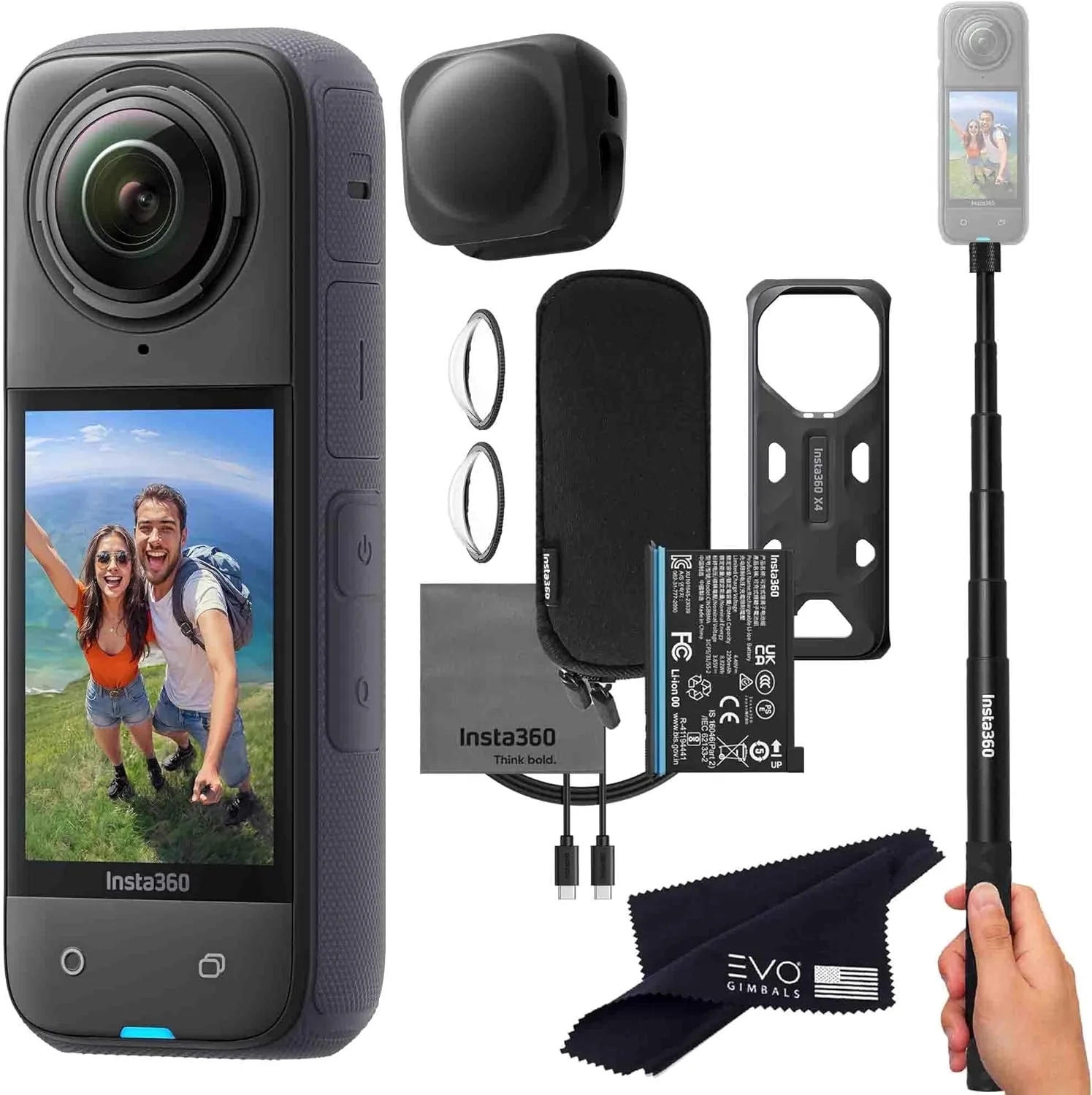 insta360 X4 Basic Bundle-8K Waterproof 360 Action Camera with 1/2" 48MP Sensors, 8K 360 HDR Video, 72MP 360 Photo, 4K Single-Lens |Bundle Includes Selfie Stick, Lens Cap