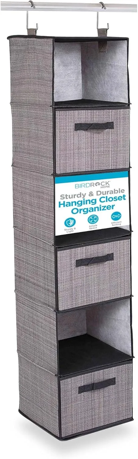 Internet's Best Hanging Closet Organizer with 3 Drawers - 6 Shelf Fabric Storage Organizer for Clothes, Sweaters, Shoes, Accessories - College Dorm Essentials, Small Room Dresser for Kids - Grey