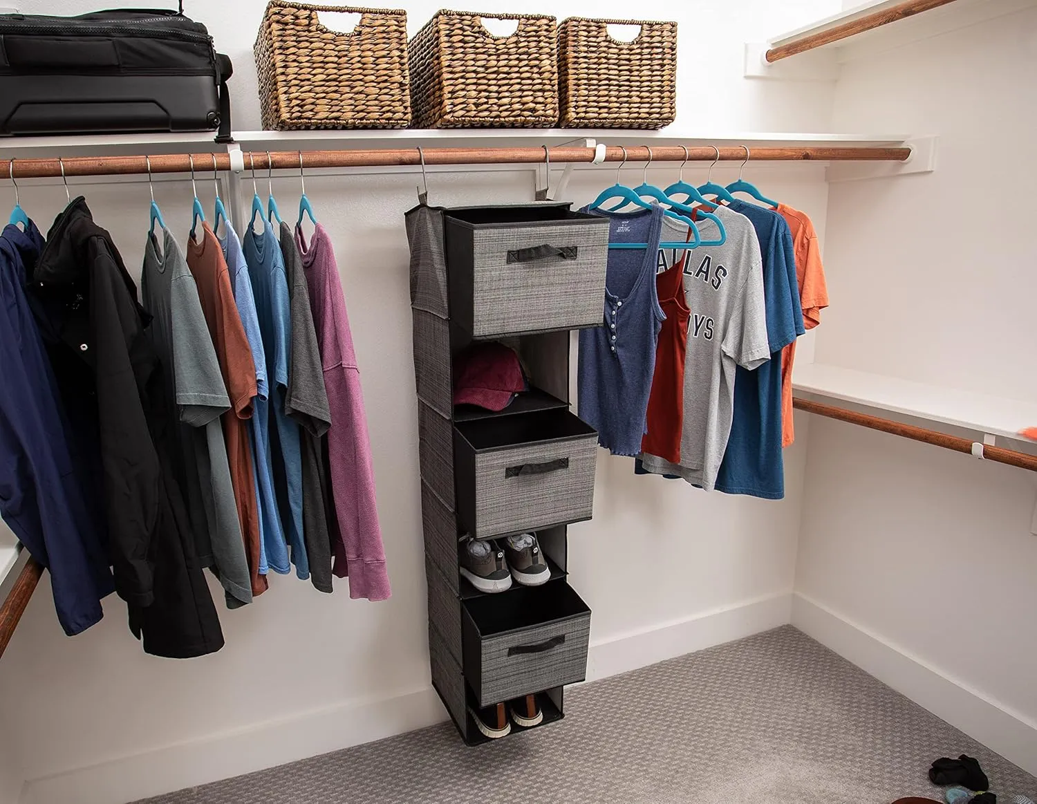 Internet's Best Hanging Closet Organizer with 3 Drawers - 6 Shelf Fabric Storage Organizer for Clothes, Sweaters, Shoes, Accessories - College Dorm Essentials, Small Room Dresser for Kids - Grey