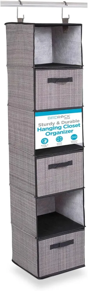 Internet's Best Hanging Closet Organizer with 3 Drawers - 6 Shelf Fabric Storage Organizer for Clothes, Sweaters, Shoes, Accessories - College Dorm Essentials, Small Room Dresser for Kids - Grey