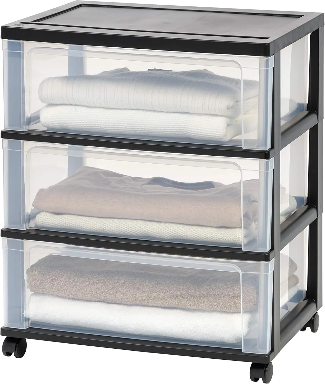 IRIS USA Plastic Drawer Storage Organizer Rolling Cart, with Wheels Casters, 3-Drawers, for Art Craft Supplies Dresser Closet Bathroom Dorm Bedroom Laundry Room, Wide, Black