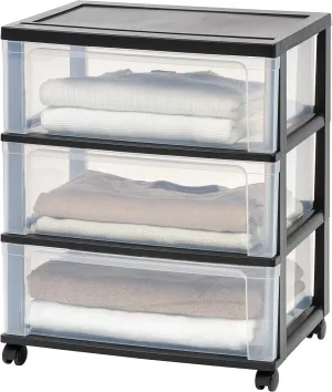 IRIS USA Plastic Drawer Storage Organizer Rolling Cart, with Wheels Casters, 3-Drawers, for Art Craft Supplies Dresser Closet Bathroom Dorm Bedroom Laundry Room, Wide, Black