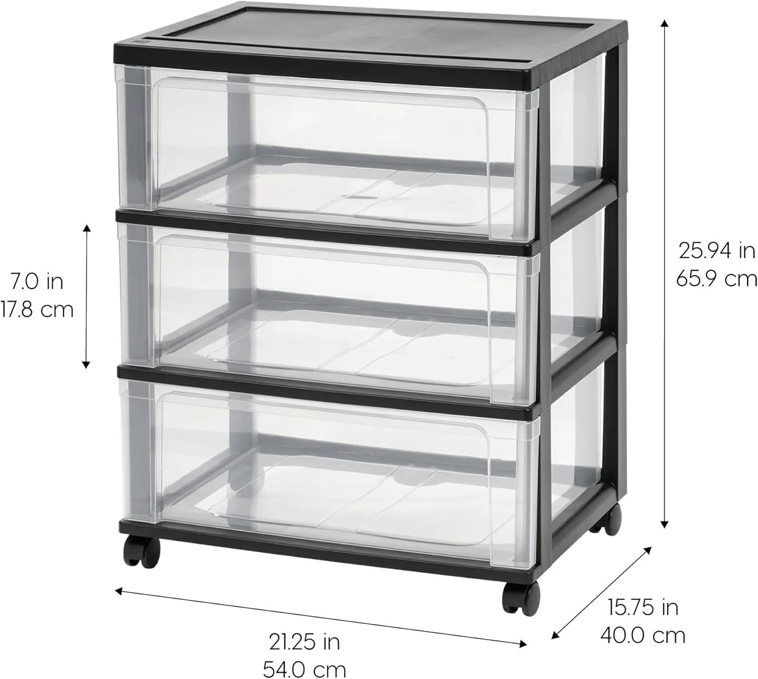 IRIS USA Plastic Drawer Storage Organizer Rolling Cart, with Wheels Casters, 3-Drawers, for Art Craft Supplies Dresser Closet Bathroom Dorm Bedroom Laundry Room, Wide, Black