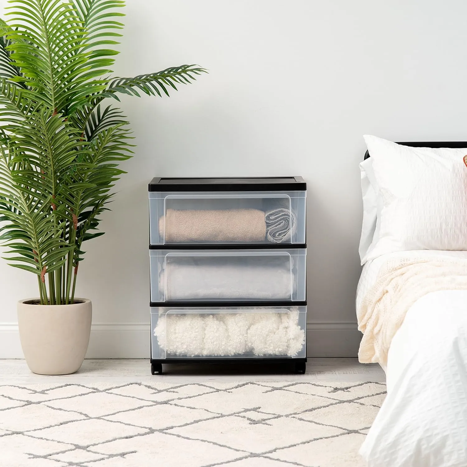 IRIS USA Plastic Drawer Storage Organizer Rolling Cart, with Wheels Casters, 3-Drawers, for Art Craft Supplies Dresser Closet Bathroom Dorm Bedroom Laundry Room, Wide, Black