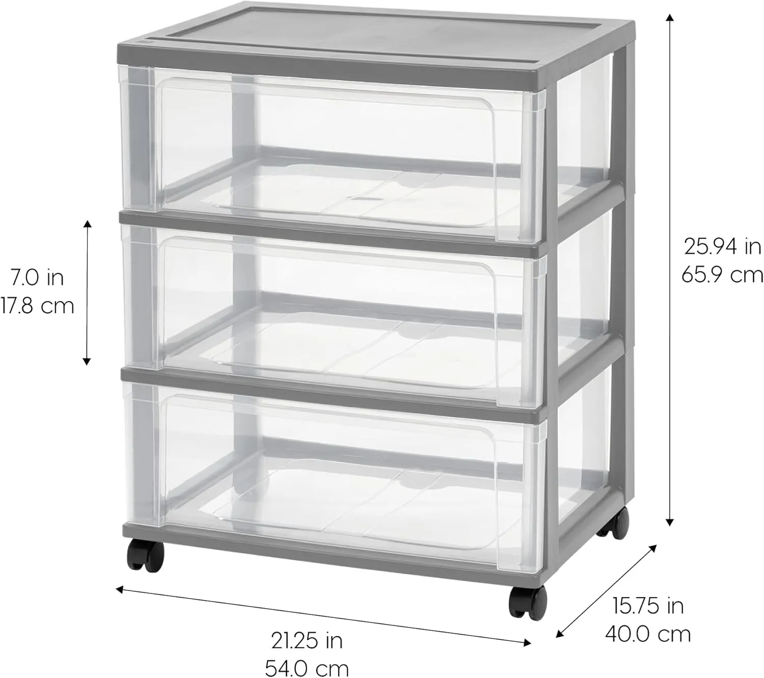 IRIS USA Plastic Drawer Storage Organizer Rolling Cart, with Wheels Casters, 3-Drawers, for Art Craft Supplies Dresser Closet Bathroom Dorm Bedroom Laundry Room, Wide, Gray