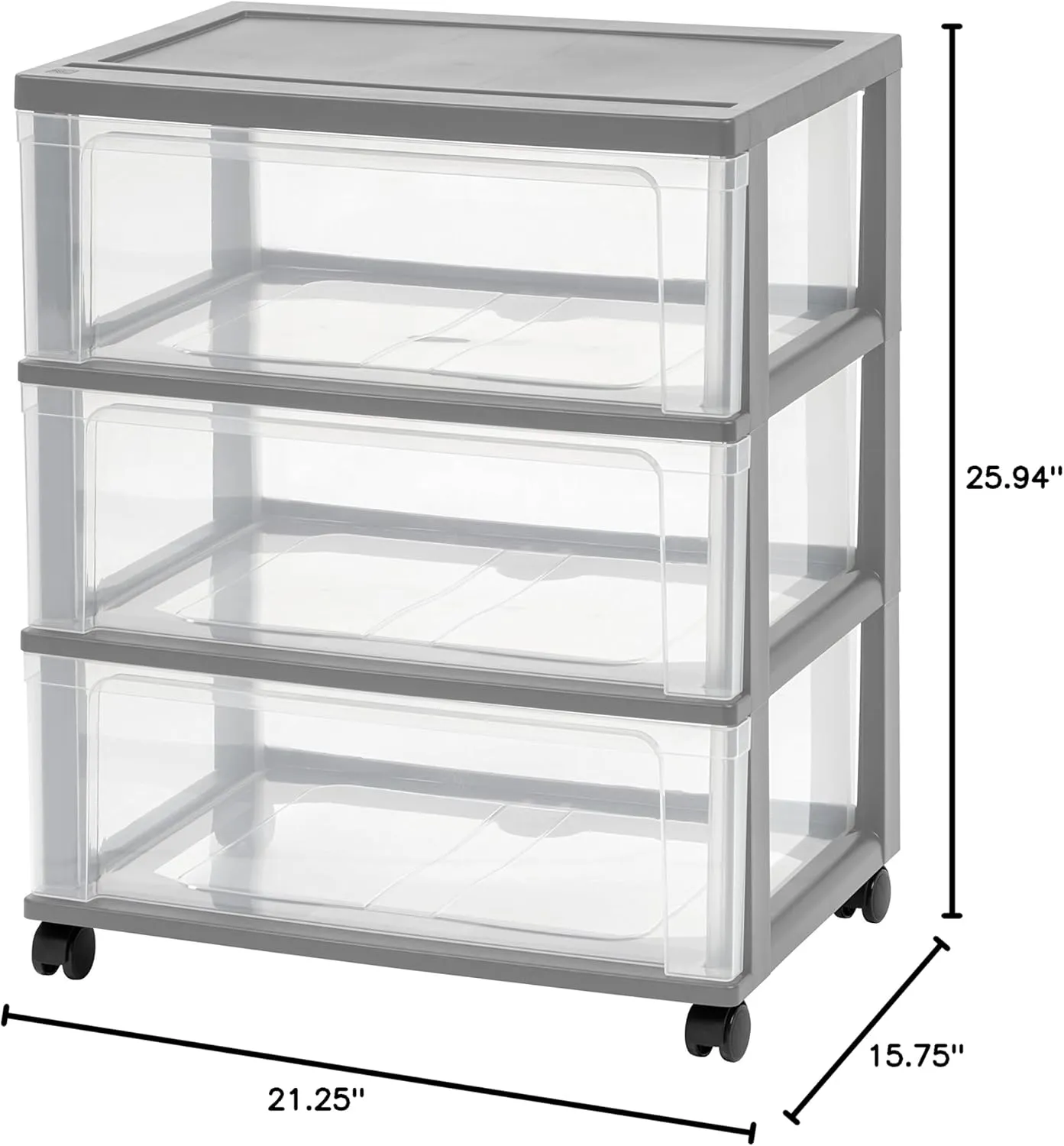 IRIS USA Plastic Drawer Storage Organizer Rolling Cart, with Wheels Casters, 3-Drawers, for Art Craft Supplies Dresser Closet Bathroom Dorm Bedroom Laundry Room, Wide, Gray