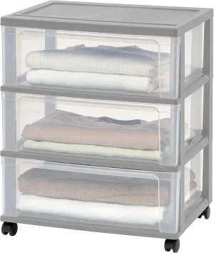 IRIS USA Plastic Drawer Storage Organizer Rolling Cart, with Wheels Casters, 3-Drawers, for Art Craft Supplies Dresser Closet Bathroom Dorm Bedroom Laundry Room, Wide, Gray
