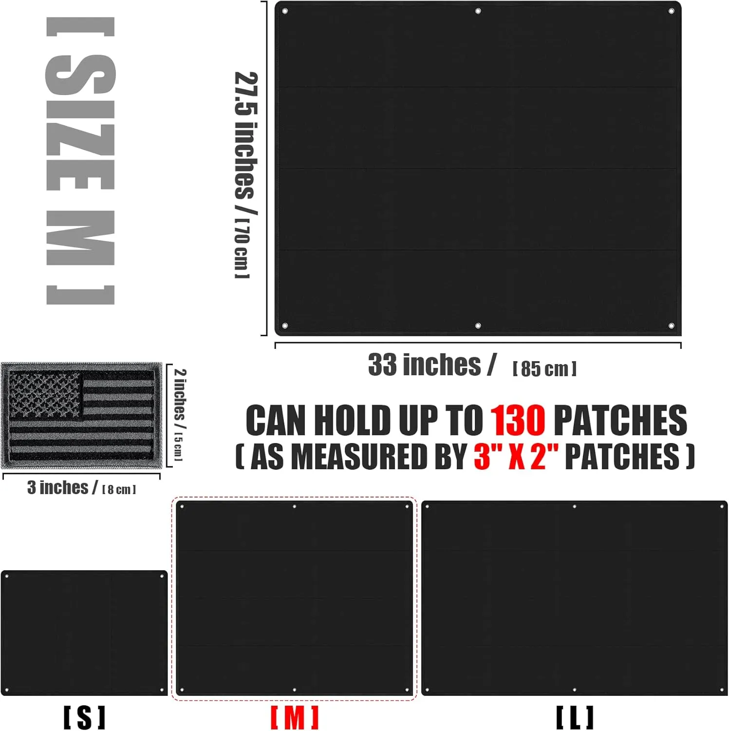 IronSeals Tactical Board Patch Organizer Holder Display with Loop Surface, Steel Ring and Flag Patch (M: 85 x 70CM/ 33" x 27.5" x 17.7", Black   Flag)
