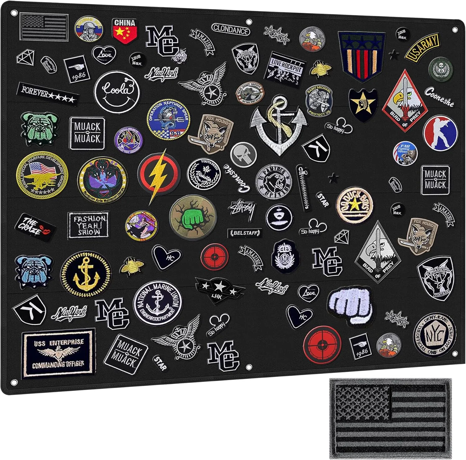 IronSeals Tactical Board Patch Organizer Holder Display with Loop Surface, Steel Ring and Flag Patch (M: 85 x 70CM/ 33" x 27.5" x 17.7", Black   Flag)