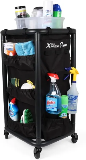 Janitorial Housekeeping Cart – Rolling Cleaning Cart on Wheels – Compact Steel Frame Utility for Cleaning Supplies – Push Organizer w/Black Bag - Matte Black Finish