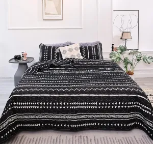 JANZAA Queen Quilt Boho Quilt Bedspread Queen Size Boho Bedding White Geometric Printed on Black Quilt for All Season(Two Pillow Cases)