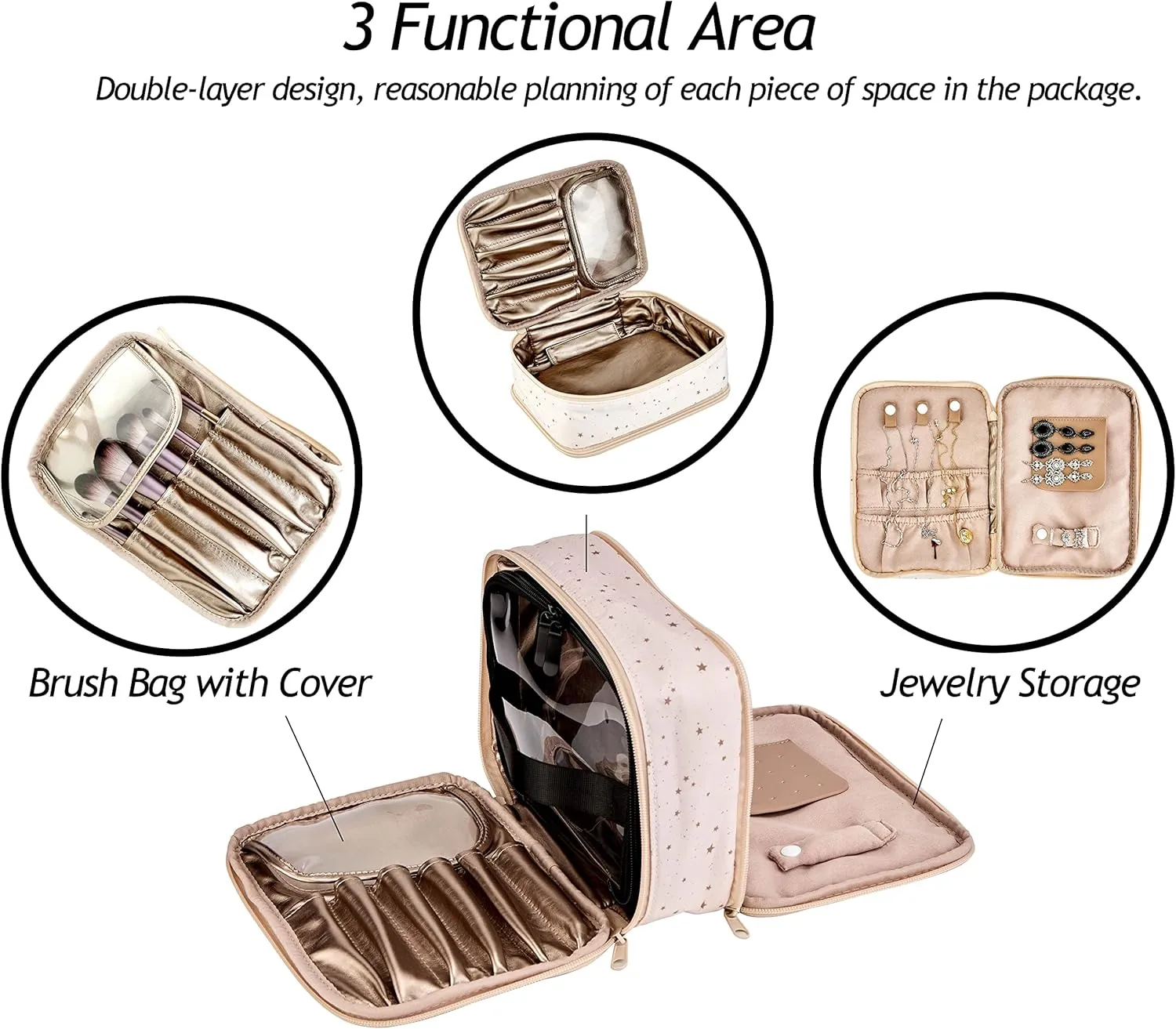JJ POWER Makeup Bags Travel Cosmetic Cases Make up Organizer with Toiletry Bags (Cream Stars)