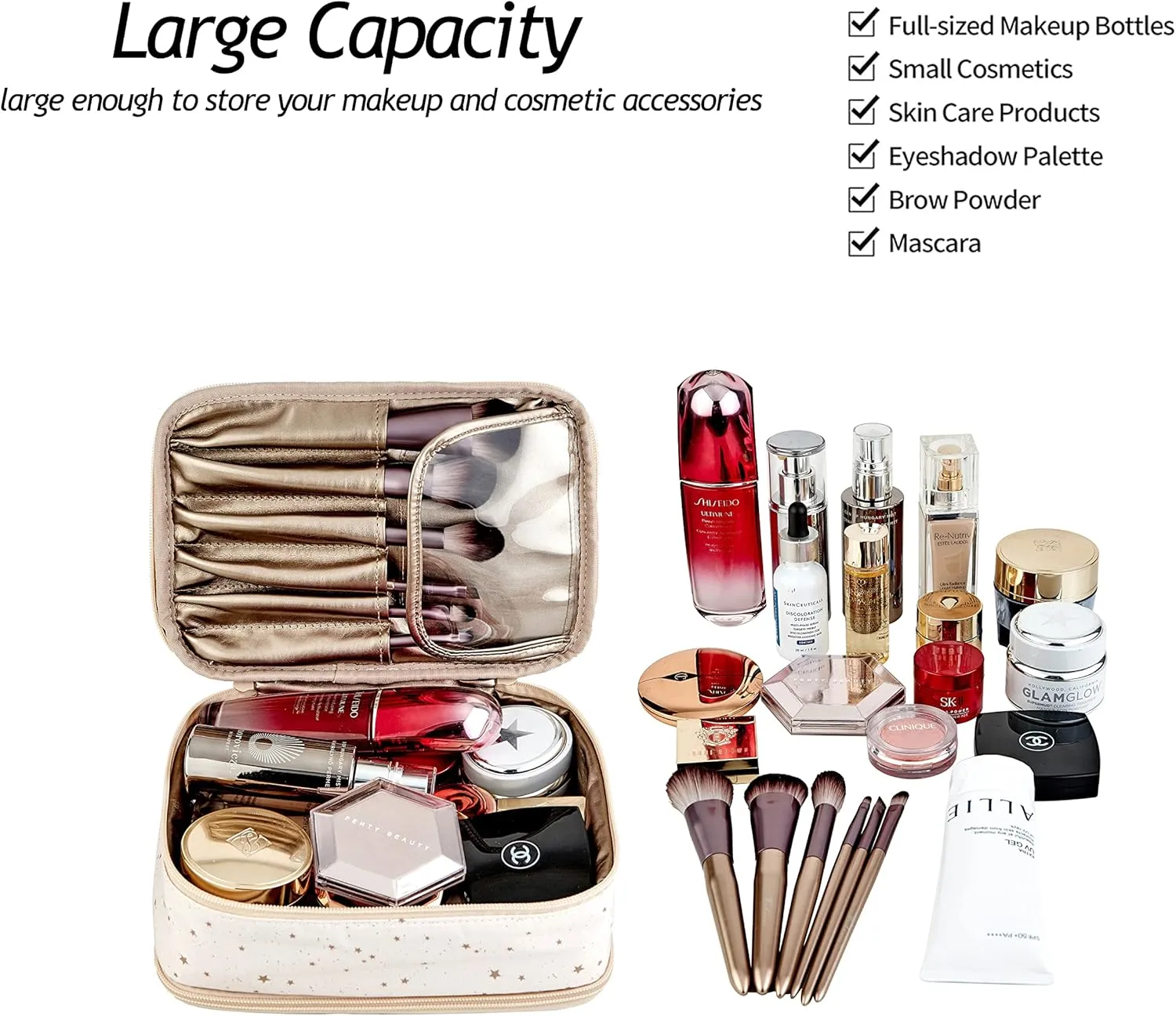 JJ POWER Makeup Bags Travel Cosmetic Cases Make up Organizer with Toiletry Bags (Cream Stars)
