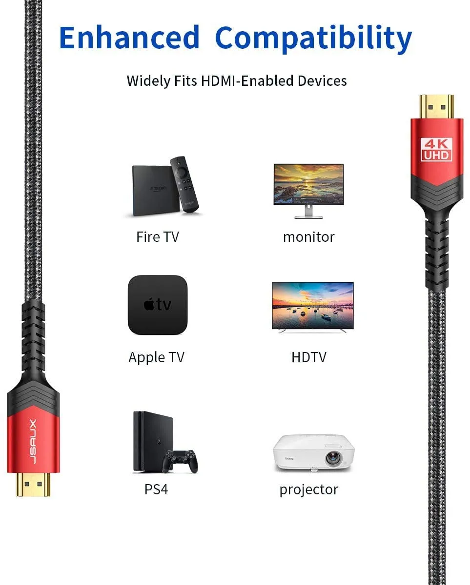 JSAUX 4K Long HDMI Cable 2 Pack 25 ft, 18Gbps High Speed HDMI 2.0 Braided Cord, 4K 60Hz HDR, 2K 1440P 144Hz, 1080p, HDCP 2.2, 3D, ARC, Ethernet Compatible for Monitor Smart TV PC PS5 PS4 Blu-ray -Red