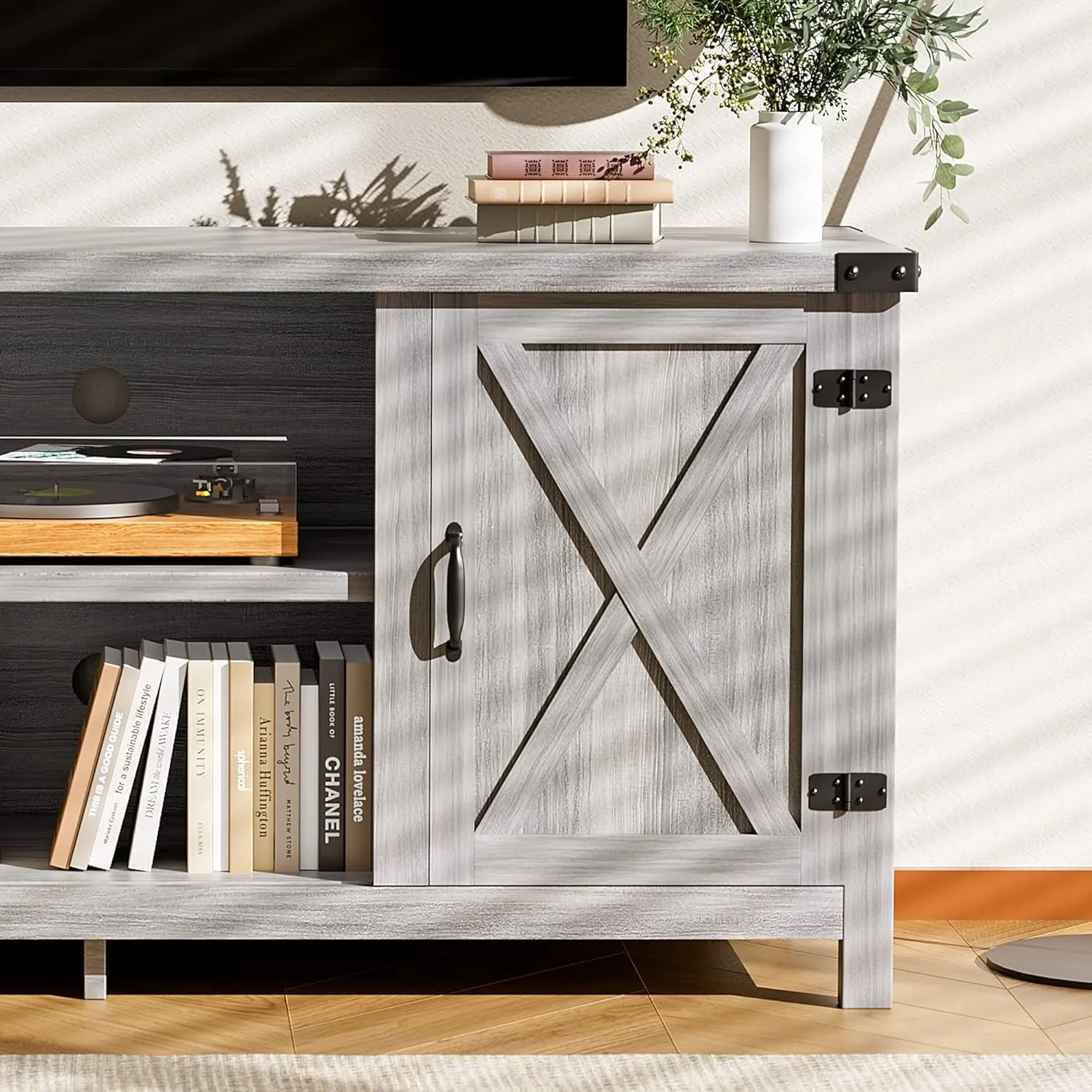 JUMMICO TV Stand, 65 Inch TV Farmhouse Entertainment Center with Double Barn Doors and Storage Cabinets, Console TV Table Media for Living Room, Bedroom (Grey)