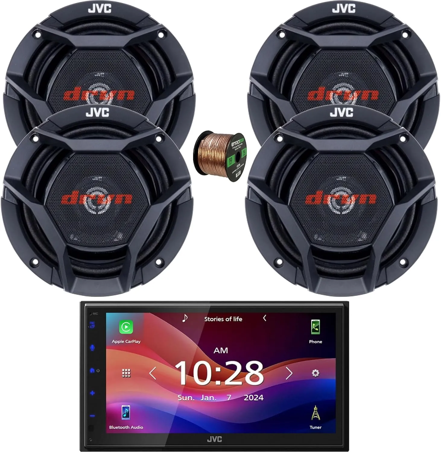 JVC KW-M590BT Double DIN 6.8" Capacitive Touchscreen Digital Media Bluetooth USB/AM/FM Radio Receiver Bundle Combo with Two Pairs (Qty 4) of 6.75" 300W Max 2-Way Shallow-Mount Coaxial Speakers W/Wire