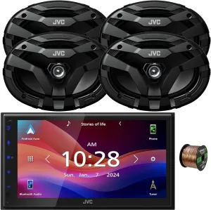 JVC KW-M595BT Double DIN 6.8" WSVGA LCD Touchscreen Bluetooth USB/AM/FM Stereo Digital Media Receiver Bundle Combo with Two Pairs (Qty 4) of 6x9 400W 2-Way Coaxial Car Audio Speakers W/Wire