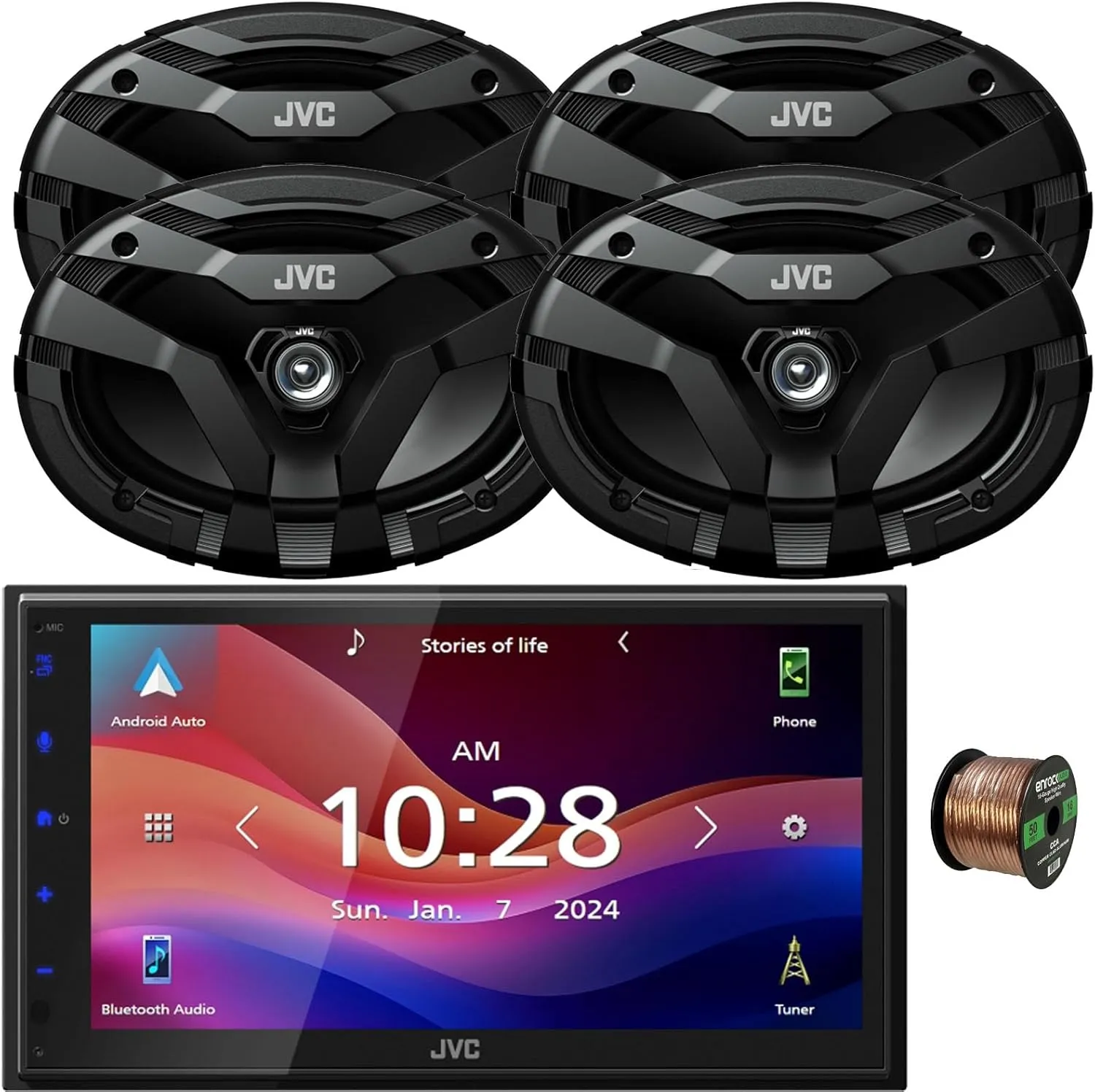 JVC KW-M595BT Double DIN 6.8" WSVGA LCD Touchscreen Bluetooth USB/AM/FM Stereo Digital Media Receiver Bundle Combo with Two Pairs (Qty 4) of 6x9 400W 2-Way Coaxial Car Audio Speakers W/Wire
