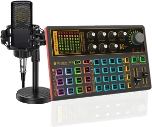 K300 Sound Effects Board Set, LED Light Voice Changer Sound Card with Multiple Sound Effects - Podcast Equipment Bundle for Live Streaming/Laptop Computer Vlog/Living Broadcast YouTube or TikTok