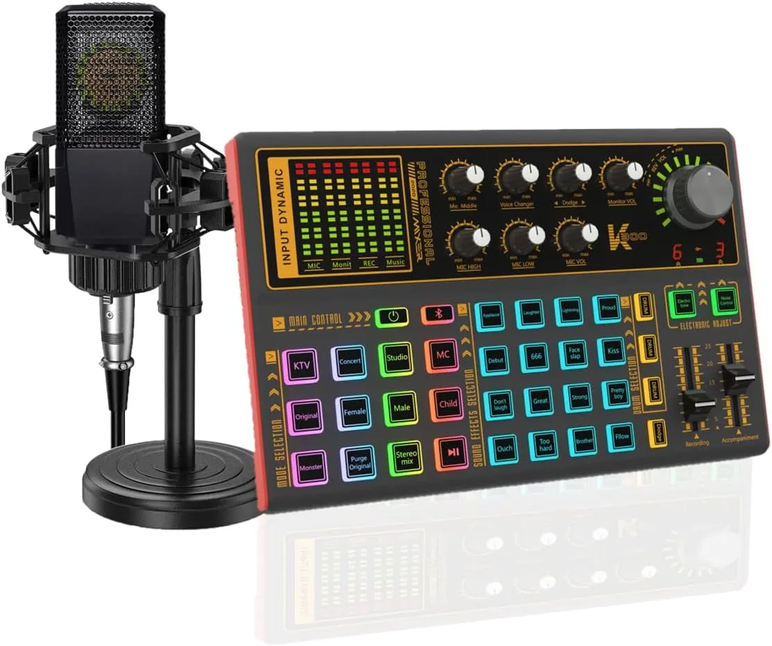 K300 Sound Effects Board Set, LED Light Voice Changer Sound Card with Multiple Sound Effects - Podcast Equipment Bundle for Live Streaming/Laptop Computer Vlog/Living Broadcast YouTube or TikTok