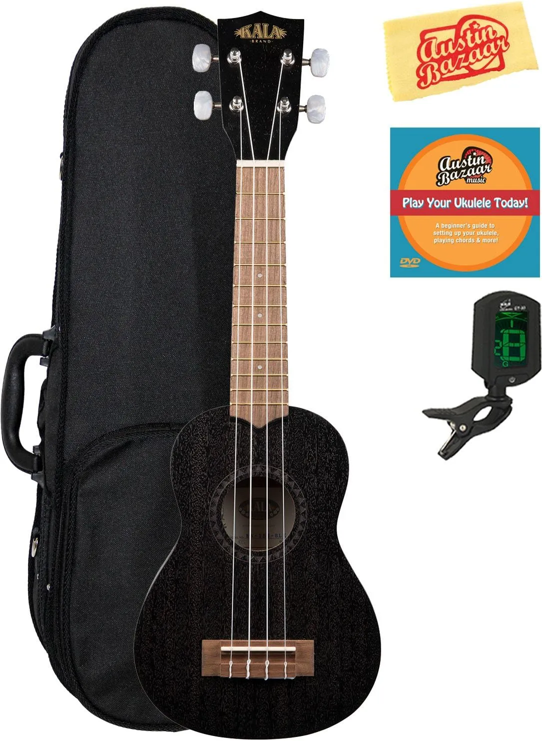Kala KA-15S-BLK Satin Mahogany Soprano Ukulele - Black Bundle with Hard Case, Tuner, Austin Bazaar Instructional DVD, and Polishing Cloth