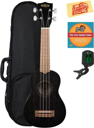 Kala KA-15S-BLK Satin Mahogany Soprano Ukulele - Black Bundle with Hard Case, Tuner, Austin Bazaar Instructional DVD, and Polishing Cloth
