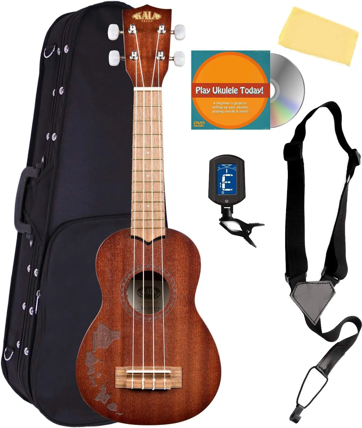 Kala KA-15S-H1 Satin Mahogany Soprano Ukulele - Hawaiian Islands Bundle with Hard Case, Tuner, Strap, Austin Bazaar Instructional DVD, and Polishing Cloth