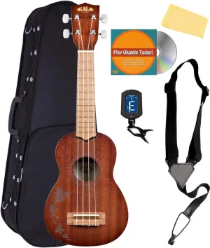 Kala KA-15S-H1 Satin Mahogany Soprano Ukulele - Hawaiian Islands Bundle with Hard Case, Tuner, Strap, Austin Bazaar Instructional DVD, and Polishing Cloth