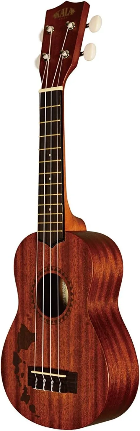 Kala KA-15S-H1 Satin Mahogany Soprano Ukulele - Hawaiian Islands Bundle with Hard Case, Tuner, Strap, Austin Bazaar Instructional DVD, and Polishing Cloth